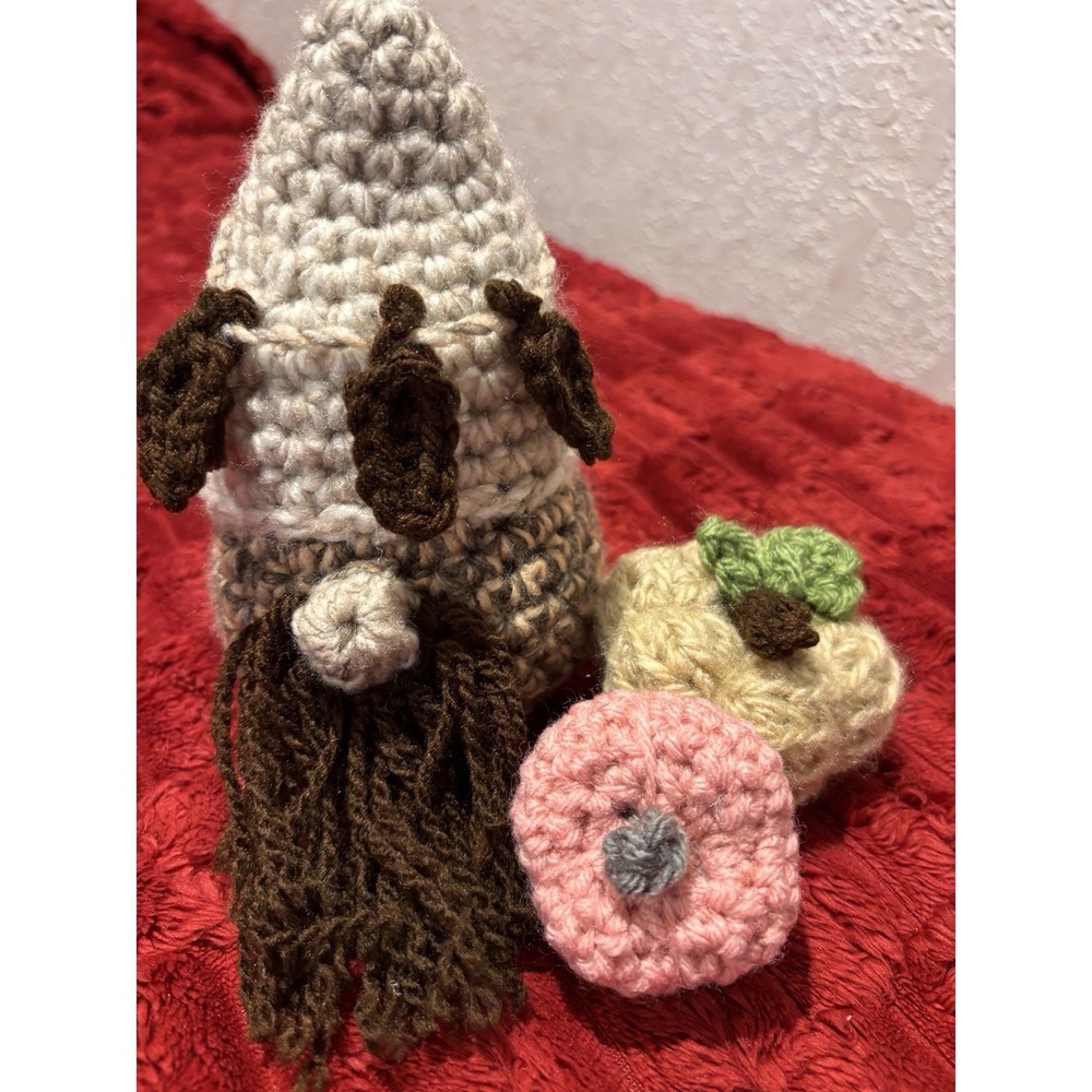 Crochet Handmade Bearded Gnome Gray Hat Leaf Band 7x4 Pink & Beige Pumpkins 2"